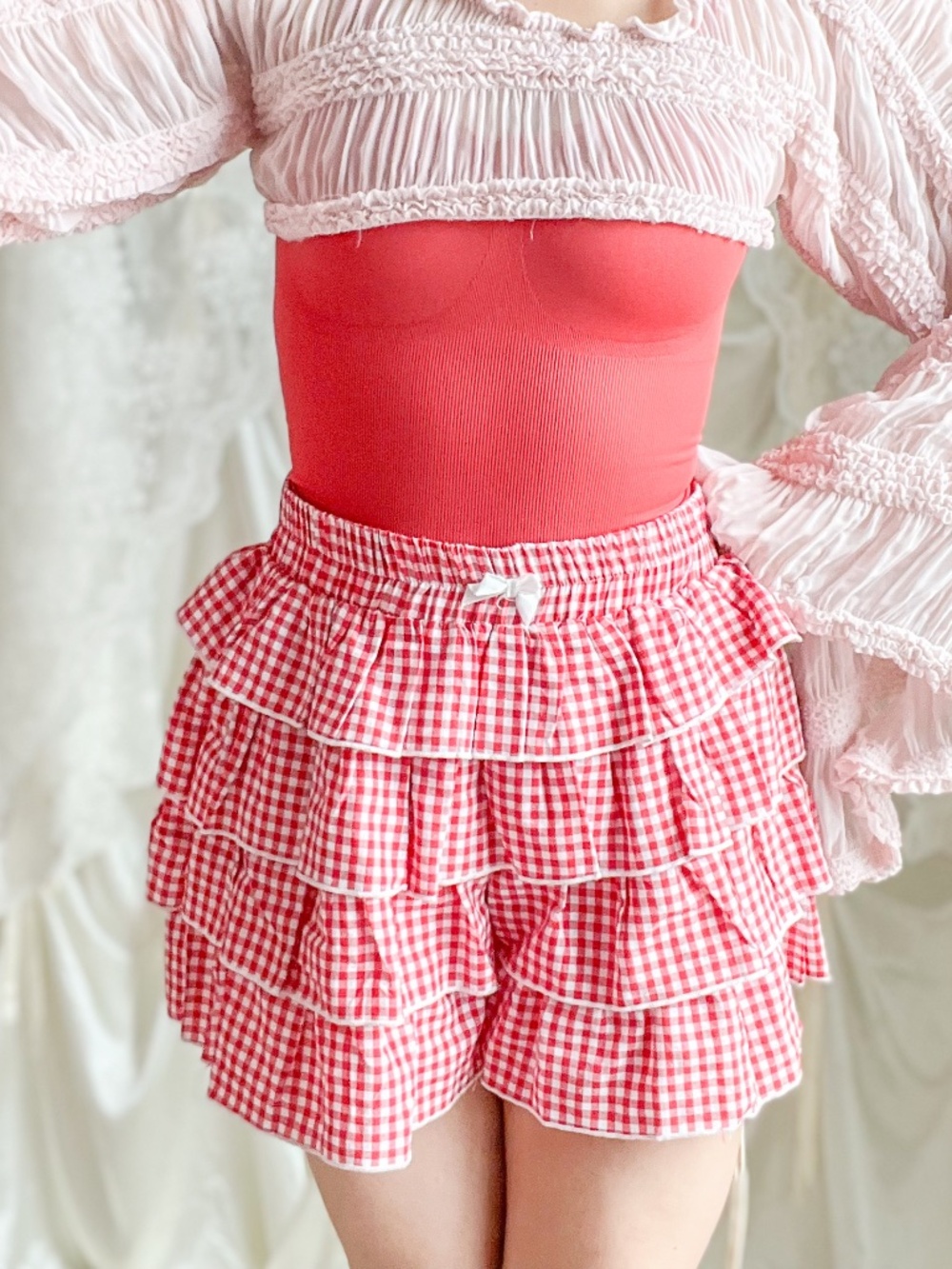 Red Gingham Tiered Ruffle Cottagecore Picnic Mini Bloomer Shorts